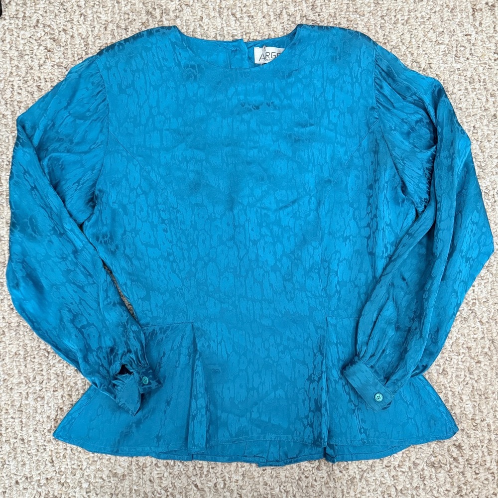 VTG Argenti Turquoise Silk Blouse Sz 8 Ocean Shoulder Pad Button Classic Elegant